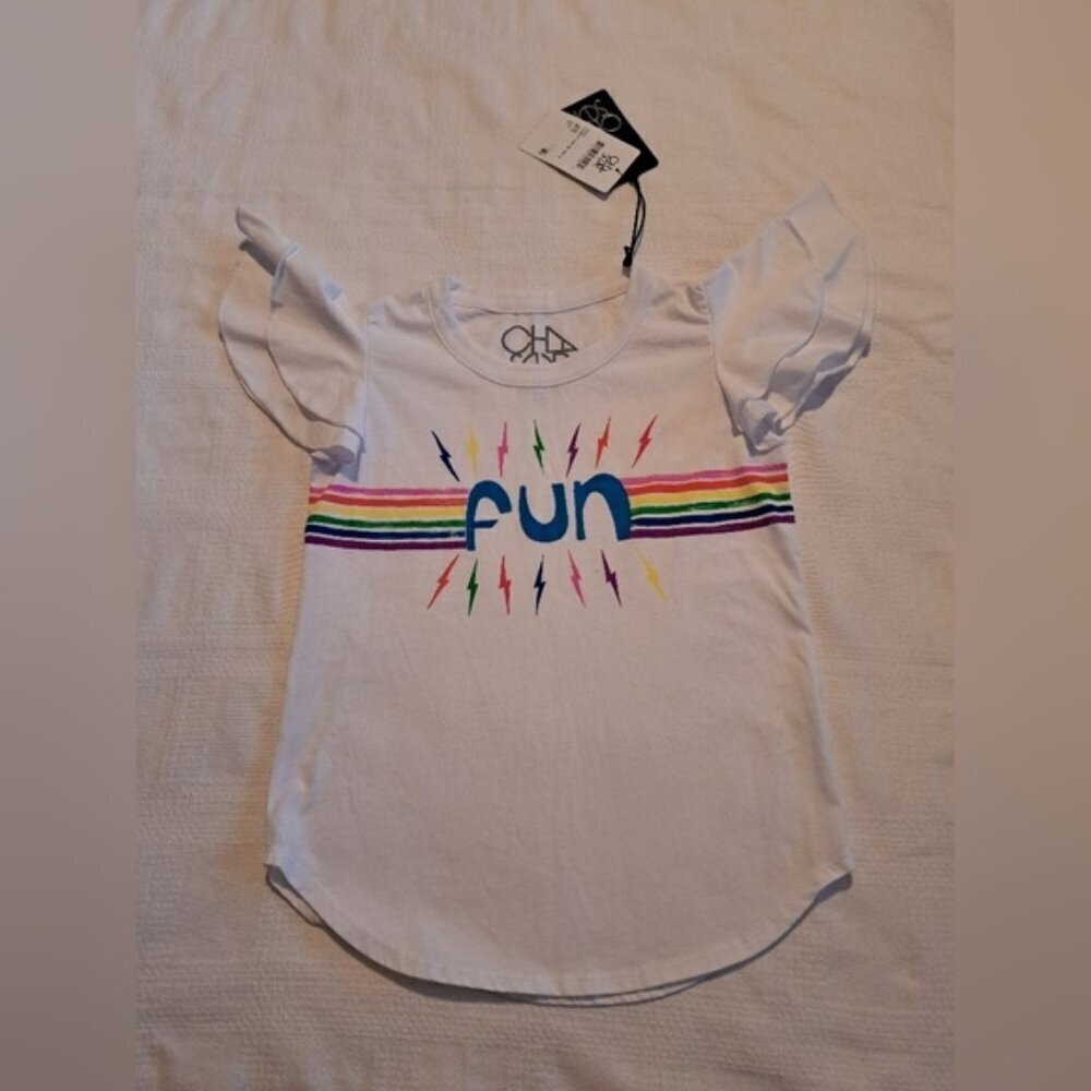 Chaser girls size 10 white short ruffle sleeve shirt, rainbow design, NWT